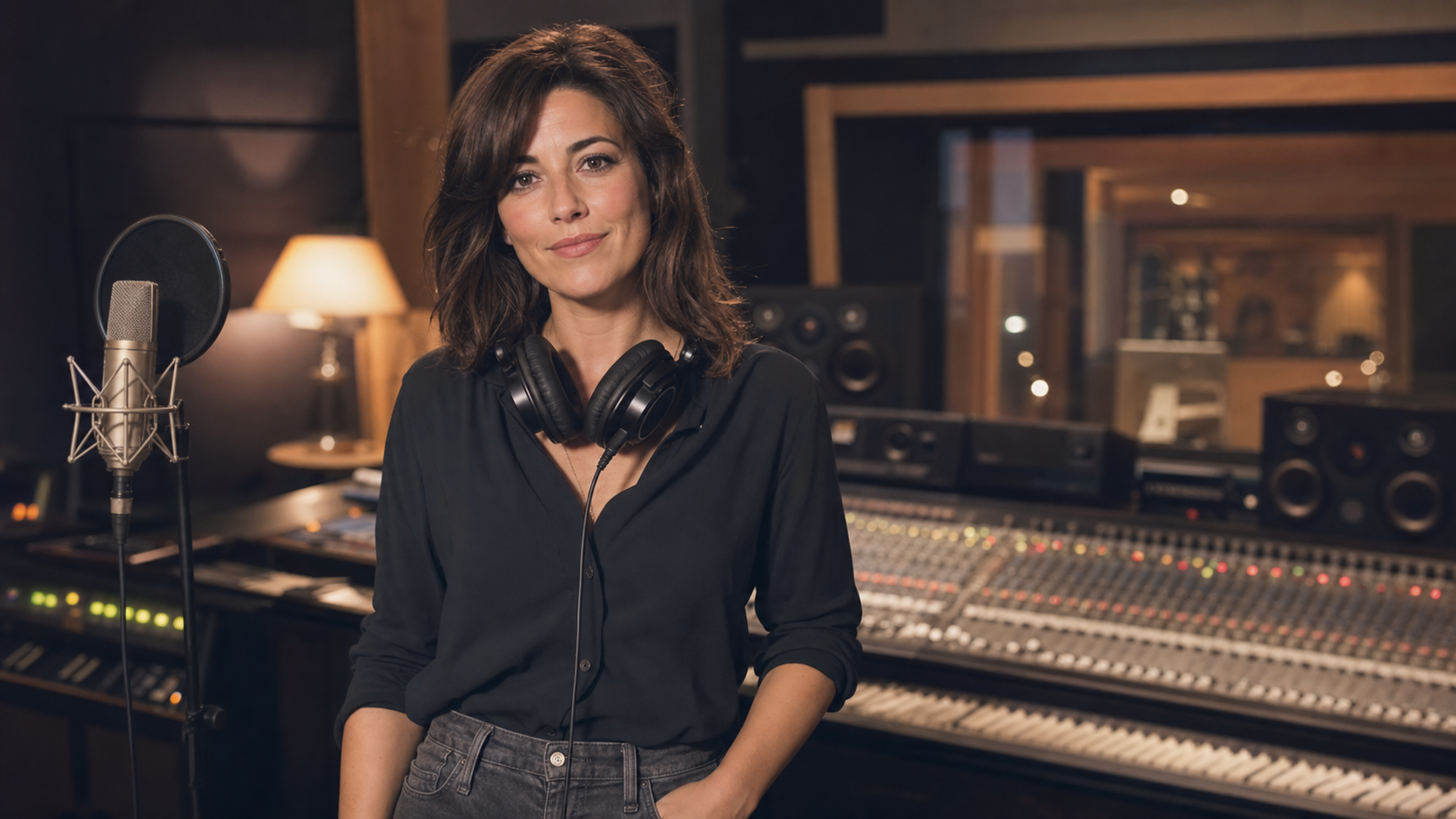 Emilie Garnier, gérante du studio, casque autour du cou, debout près d'une console de mixage
