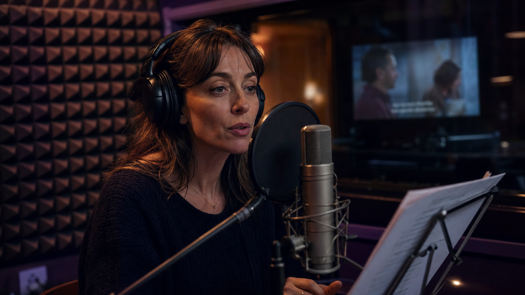 Comédienne de doublage dans une cabine insonorisée à Nevers, casque sur les oreilles, parlant face à un microphone à condensateur avec bonnette anti-pop, script sur pupitre