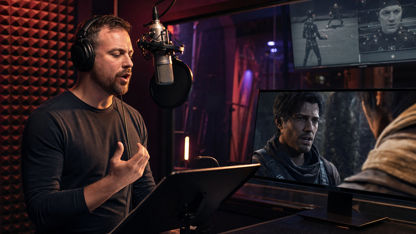 Comédien enregistrant des dialogues pour un jeu vidéo, casque sur les oreilles face à un écran affichant une scène de jeu