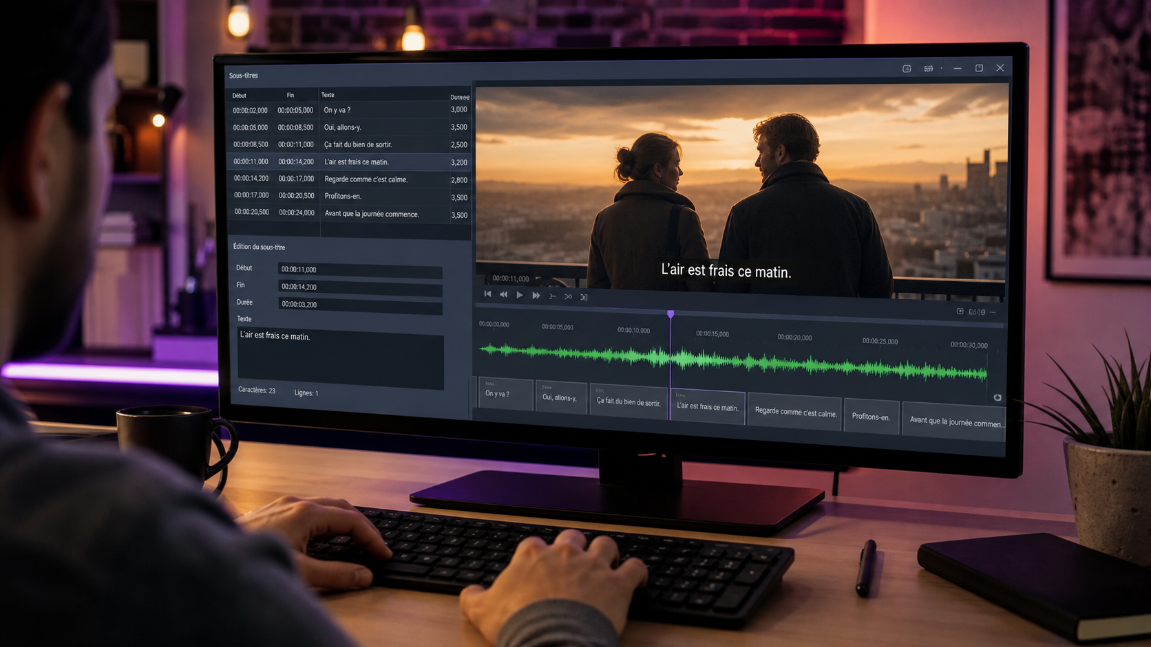 Station de sous-titrage, mains tapant des sous-titres français dans un logiciel de montage avec forme d'onde audio